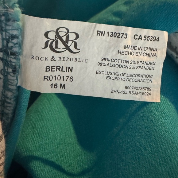 Rock & Republic Berlin Turquoise Skinny Jeans Size 16 - Picture 7 of 7